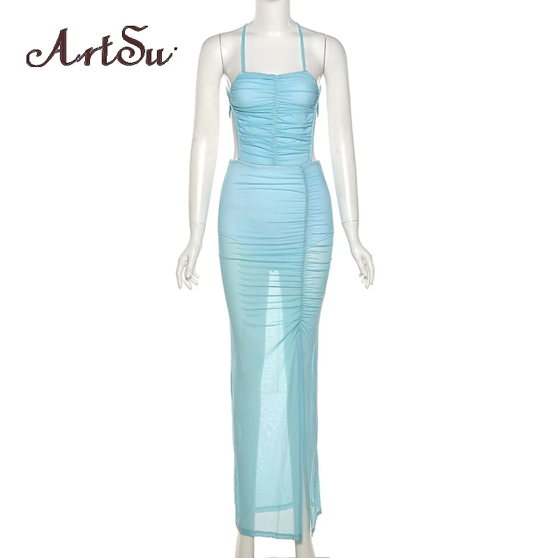 

Artsu See Throght Lace Maxi Dress Women Fashion Sleeveless Off Shoulder Backless Solid Spaghetti Strap Lady Dresses ASDR83229