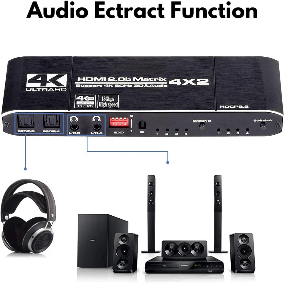 Сплиттер HDMI Navceker Matrix 18 5 Гбит/с 4x2 4K 60 Гц сплиттер с SPDIF и L/R 3 мм HDR Переключатель s |