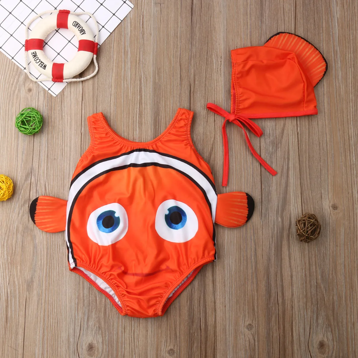 

2Pcs Baby Girl Boys Swimsuit Goldfish Swimwear Kids Beach Bikini Girls Print Sweet Costume+Swimming Hat Bathing Suit