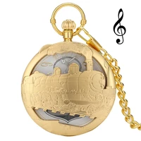 hollow steampunk train design gold musical movement pocket watch hand crank playing music locomotive engine quartz pocket watch