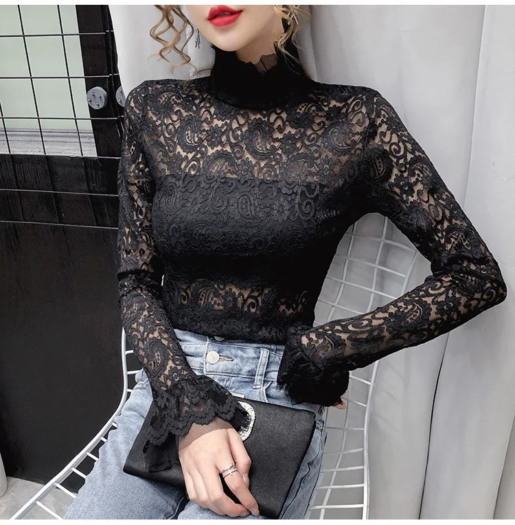 

Lady Retro Mesh Lace Tops Women's Stand Collar Long Flare Sleeve Court Slim Shirt Elegant Blouse Tees Autumn AE792