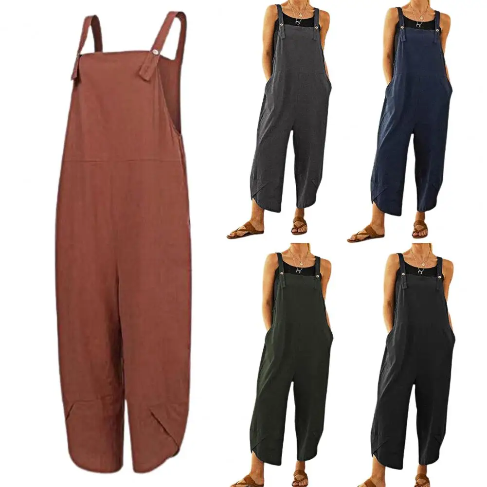 

Fashion Jumpsuit Solid Color Loose Women Shoulder Strap Pockets Romper for Daily Wear
