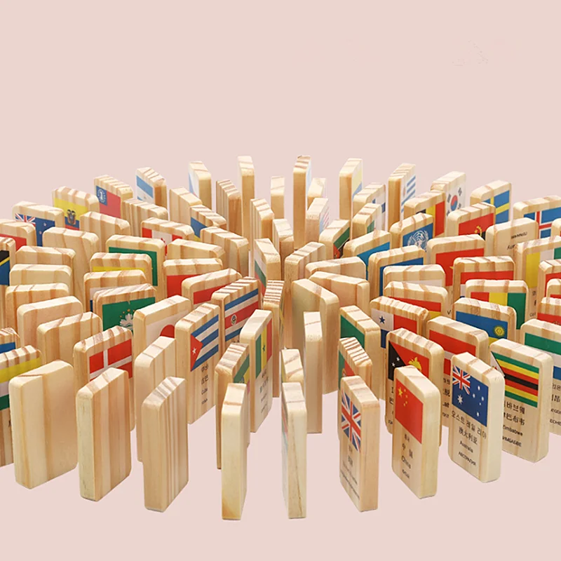 100pcs Multilingual Country National Flag Domino Wooden Toys Understanding the World Block Early Education Cognitive Game | Игрушки и