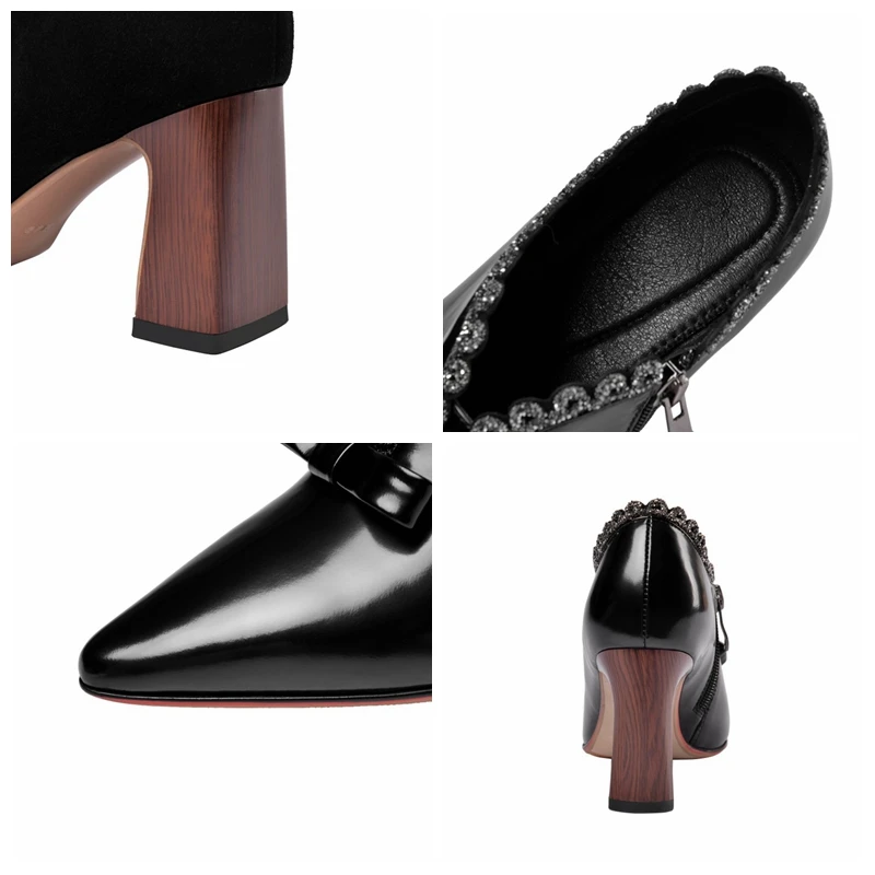 

ORCHA LISA New 2021 Women Pumps Pointed Toe 7.5cm High Wood Heels Genuine Leather Bowtie Crystal Zip Bling Stylish Summer A3514