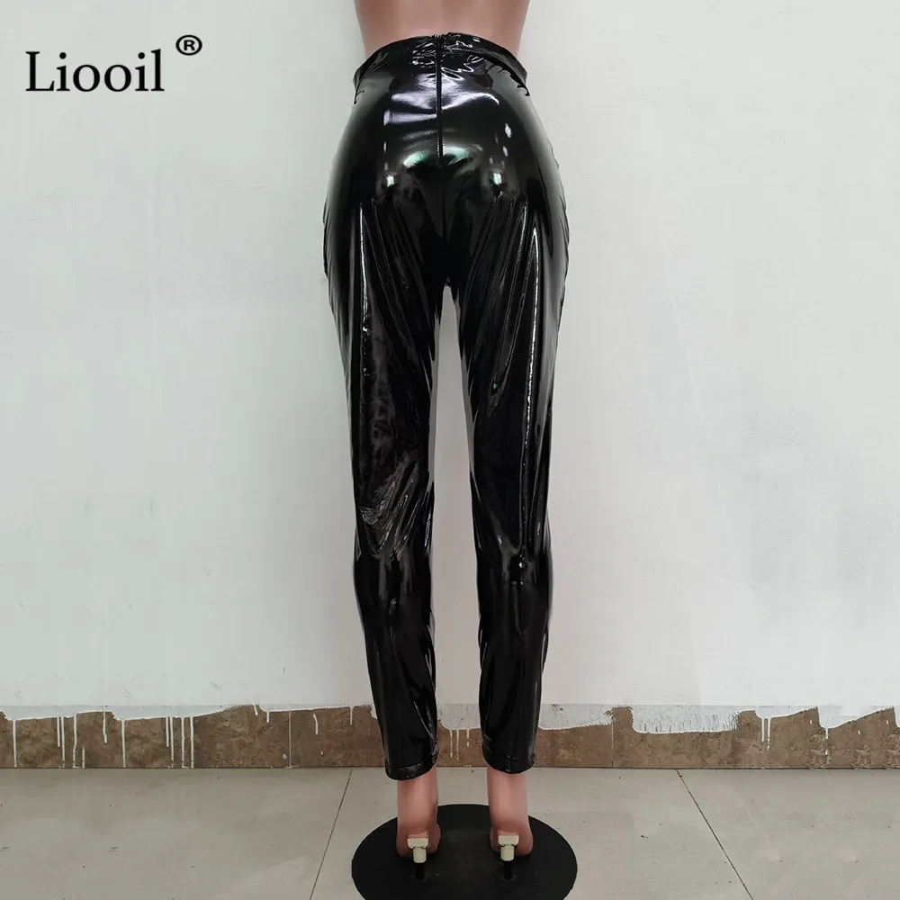 Liooil, сексуальные штаны из искусственной кожи с высокой талией и оборками, Осень-зима, Сексуальные клубные обтягивающие брюки для женщин, уличная мода, брюки-карандаш