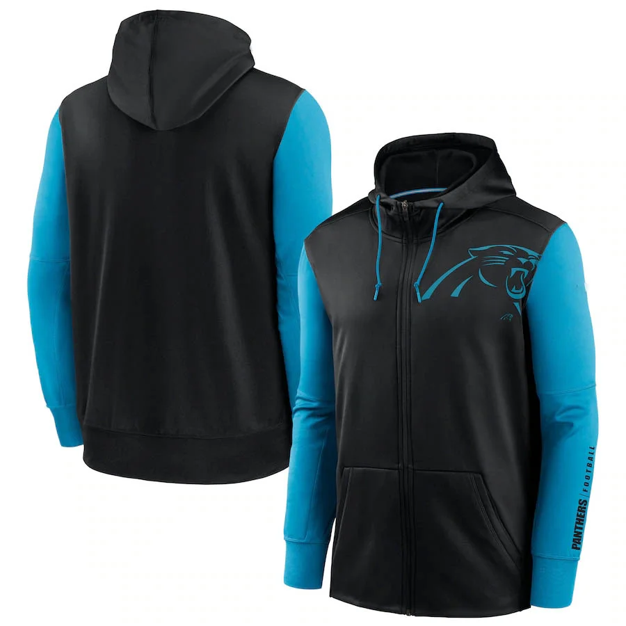 

Carolina MEN Panthers Jackets College NavyNeon Green Fan Gear Mascot Performance Full-Zip football Hoodie