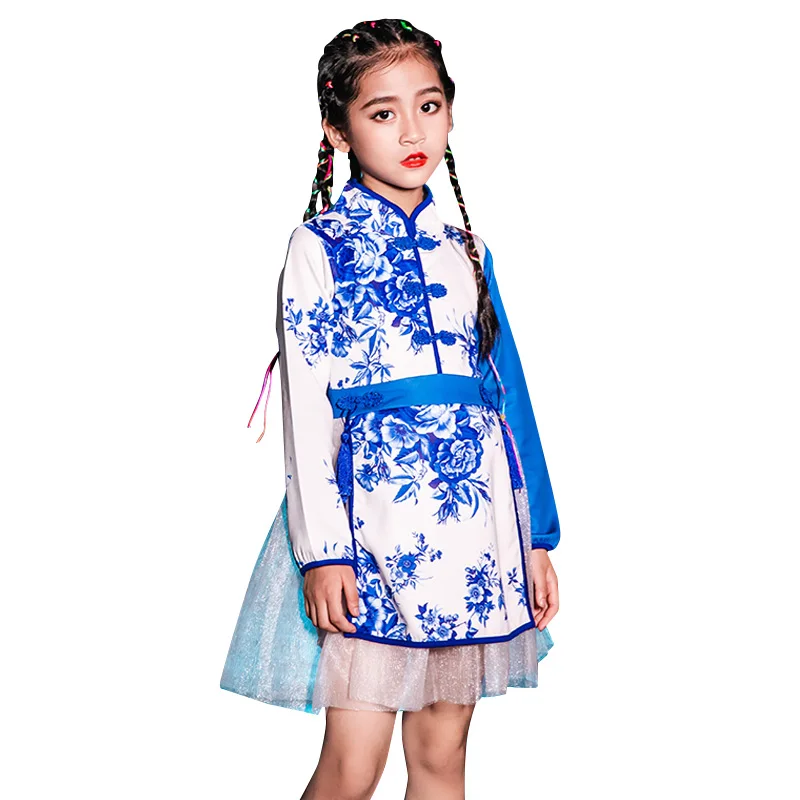 

Jazz Dress For Girls Long Sleeve Dress Blue And White Porcelain Stage Outfit Jazz Hip Hop Dress Kids Performance Wear VDB1090