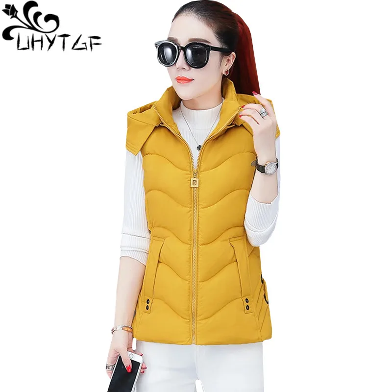 

UHYTGF vests for women Korean Slim plus size waistcoat Down jacket autumn winter vest female Hooded short coat chaleco mujer 858