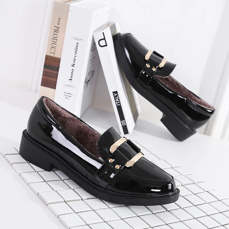 Туфли оксфорды в британском стиле женские плюшевые меховые зимние криперы с