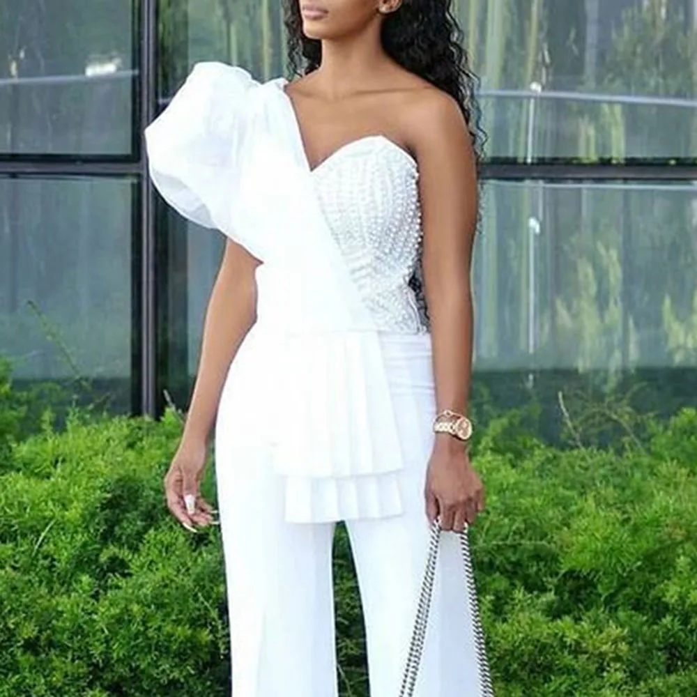

Elegant Beads Design Sexy Jumpsuit Woman White Evening Party Jumpsuits One Piece Outfits 2021 Summer Plus Size Long Overalls 3XL
