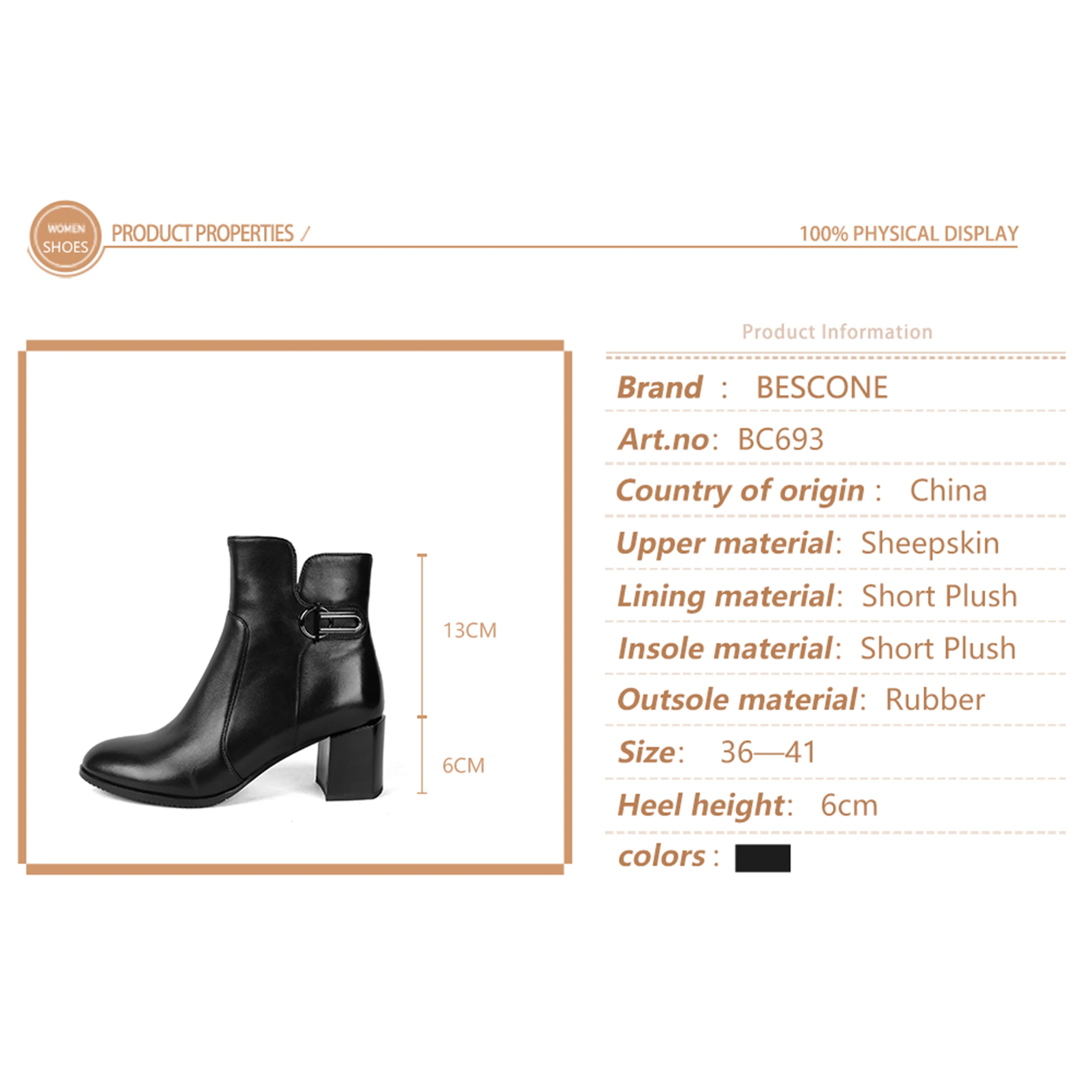 

BESCONE Street Style Ankle Boots Women Office Pointed Toe Square Heels Convenient zipper Boots Concise Black Shoes Women BC693