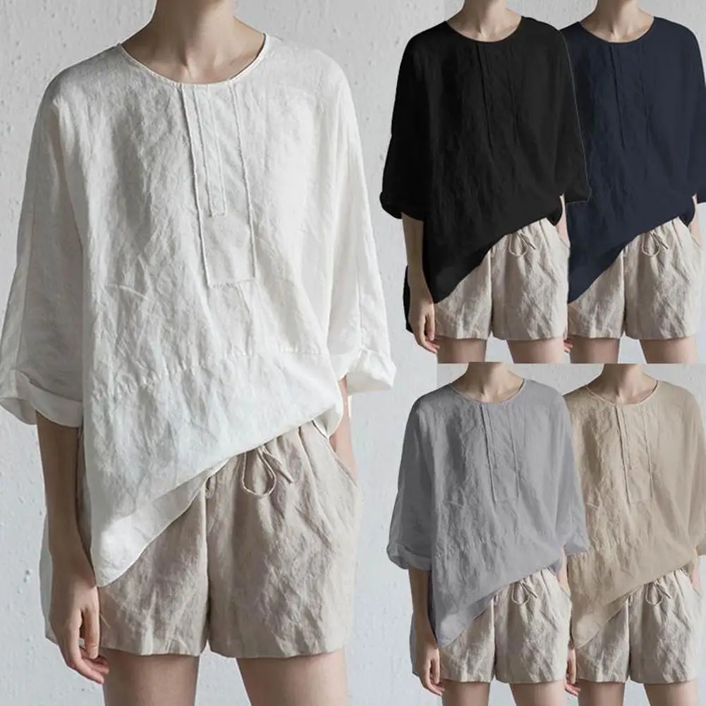 

Женская Повседневная однотонная Свободная блузка с круглым вырезом и рукавом до локтя