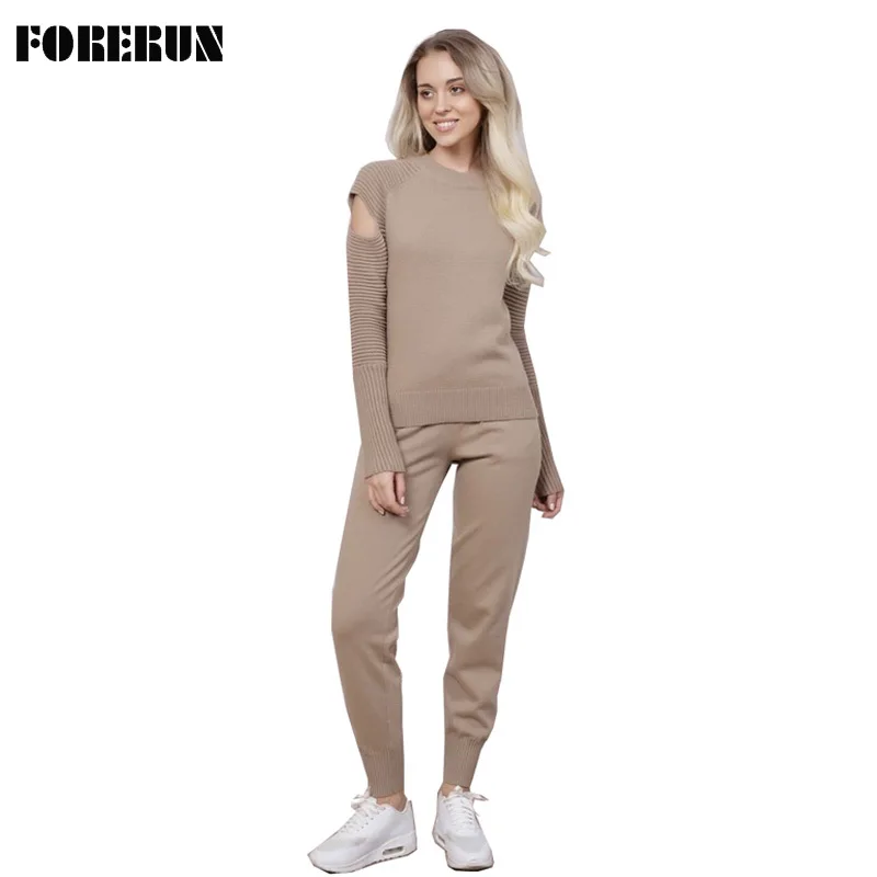 

FORERUN Женский комплект из двух предметов, свитер с открытыми плечами, вязаный пуловер с круглым вырезом и длинные штаны, костюмы, однотонные з...