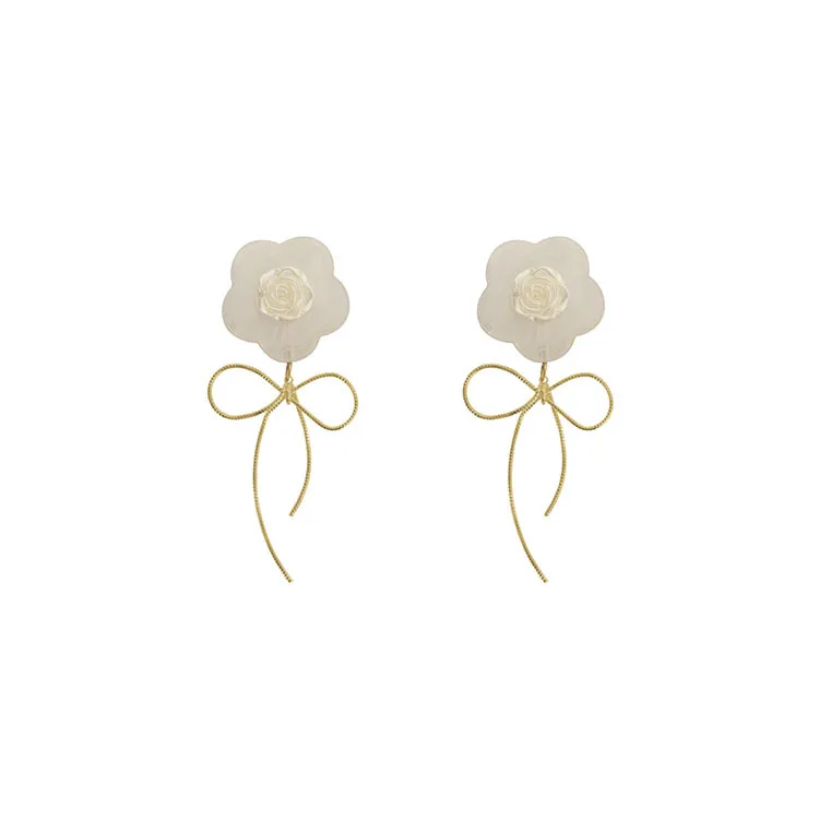 

Silver Needle French Elegant Rose Ball Silk Satin White Earrings Temperament Korean Bowknot Flower Earrings Jewelry Female