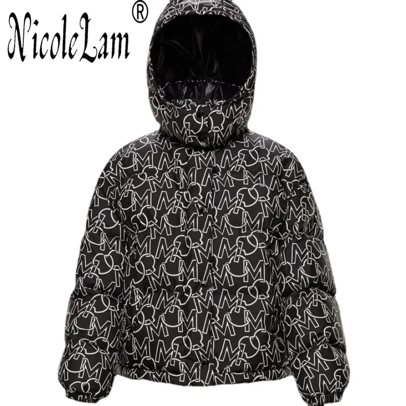 

NicoleLam 2021NEW Winter M Home New Women's Full Print Thickened Warm Detachable Hat Loose Long Sleeve Short Down Jacket
