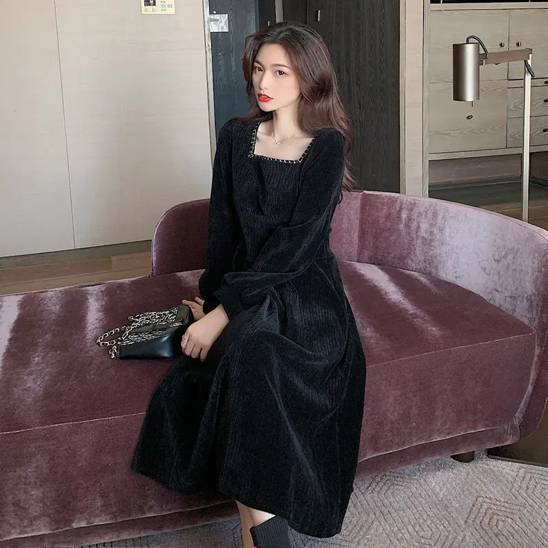 

2020 new fall/winter lapel French corduroy dress plus size ruched dress vestido midi elegante Vintage Regular dress evening