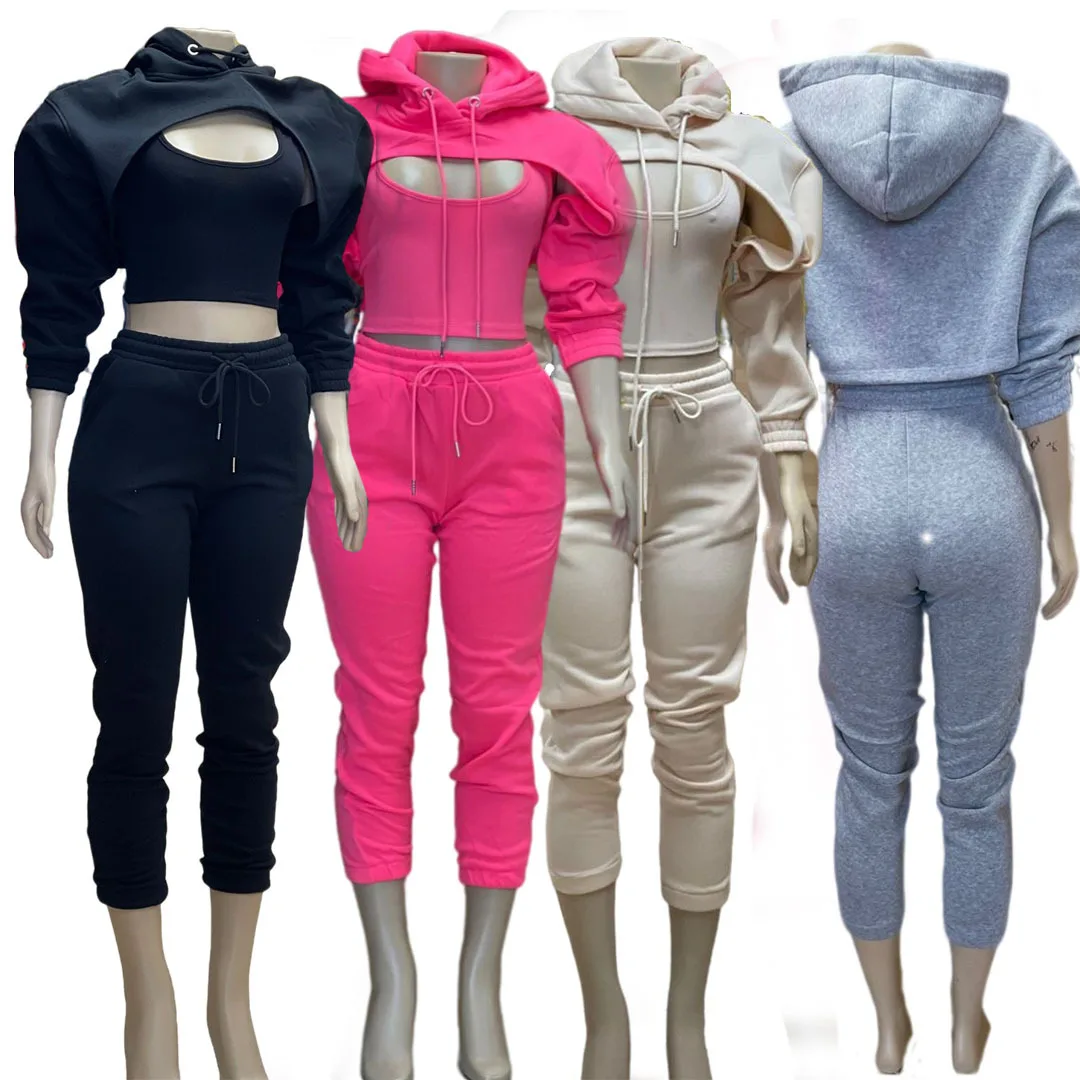 Fitness Women 3 Piece Set Solid Long Sleeve Crop Hoodies Vest High Waist Jogging Pants Suit 2021 Winter Autumn Sporty Sweat Suit 5 Fitness Women 3 Piece Set Solid Long Sleeve Crop Hoodies Vest High Waist Jogging Pants Suit 2021 Winter Autumn Sporty Sweat Suit 5