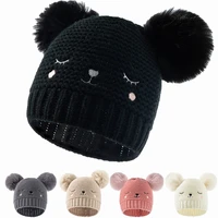 embroidery double pompoms baby toddler hat 0 3 ages autumn winter boy girl beanie caps knitted warm kids solid color bonnet hat