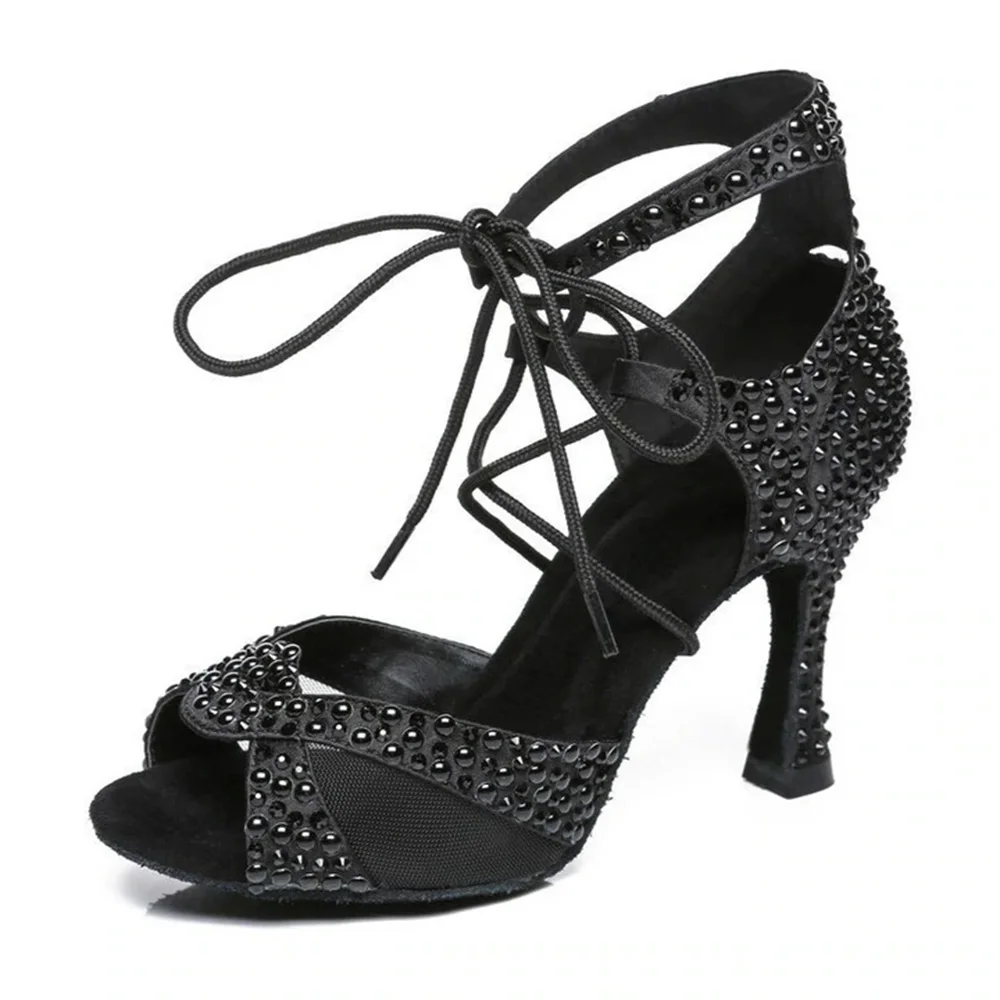 Women Latin Dance Shoes Ballroom Black Dancing Shoes Wedding Party Sandals Sexy Rhinestone Salsa Dance shoes for high heels