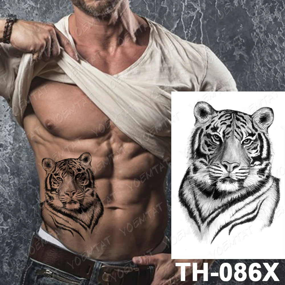 

Black Tiger Temporary Tattoo Sticker For Men Women Flowers Wolf Lione Fox Waterproof Fake Henna Skull Animal Body Art Tatoo Deca