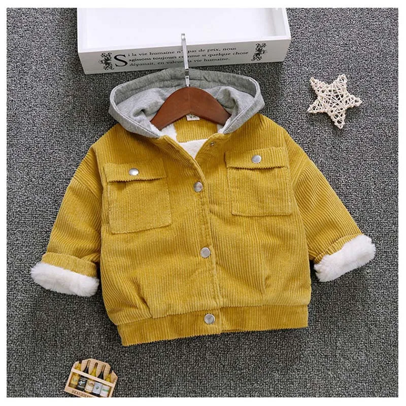 Autumn and Winter 2020 New Korean Kids Outerwear Baby Boys Hooded Wool Jackets Girls Pocket Button Coat Yellow Pink 1-3-5-6 Year | Детская