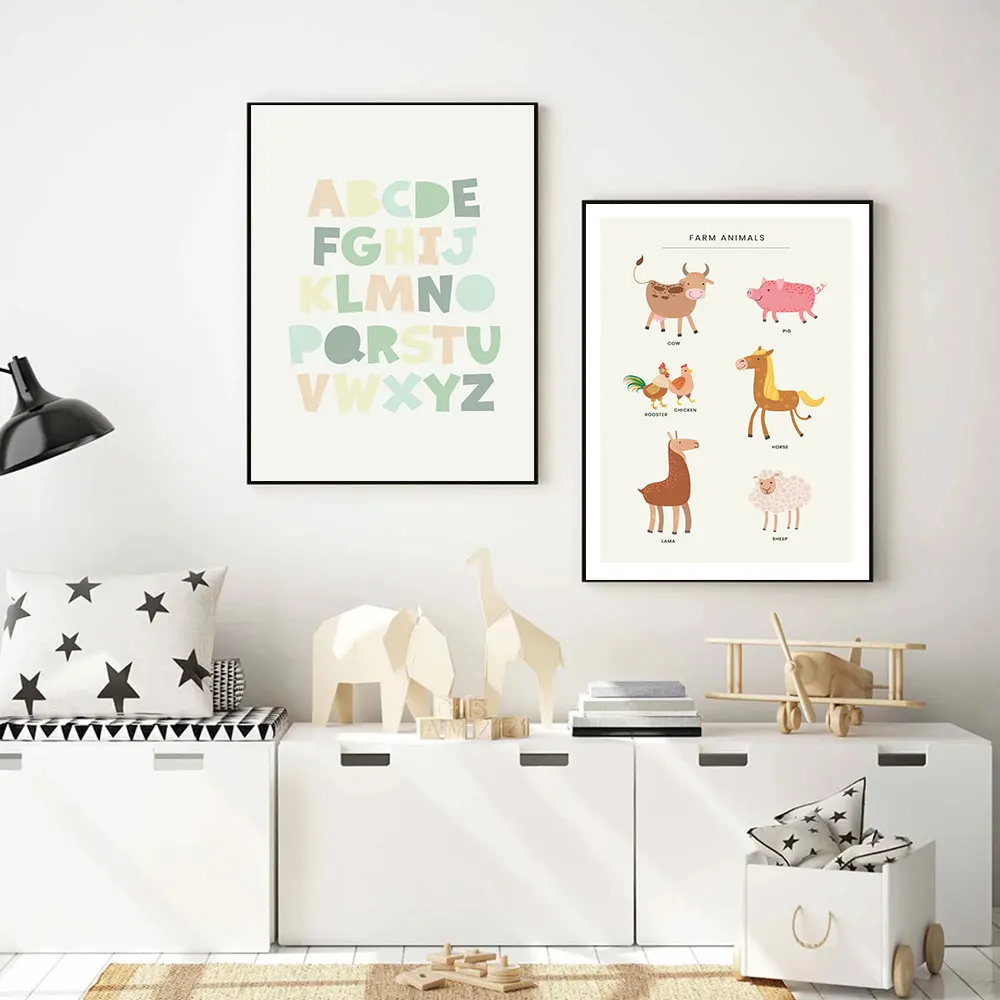 

Farm Animals Montessori Poster Alphabet Canvas Painting Baby Art Print Modern Wall Picture For Kids Room Nursery Home Decor