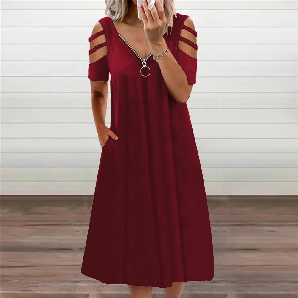 

2021 Summer cross-border European and American women's wish stand-alone eBay sexy V-neck zipper solid color short-sleeved dress