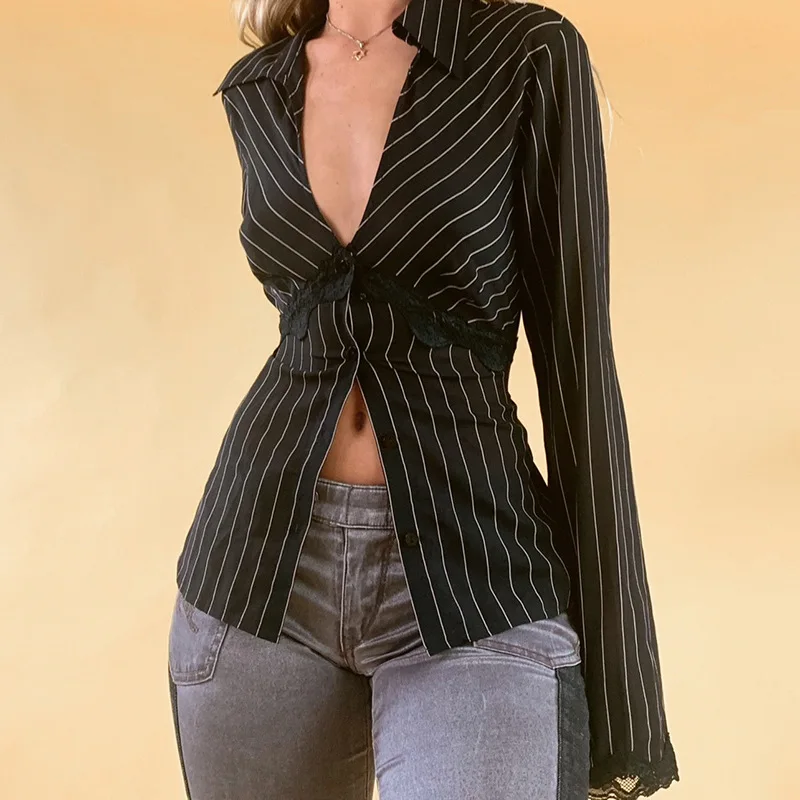 

Y2K Striped Women's Shirt Autumn Pullover Sexy Deep V Neck Single Button Blouses Streetwear Patchwork Lace Long Sleeve Top