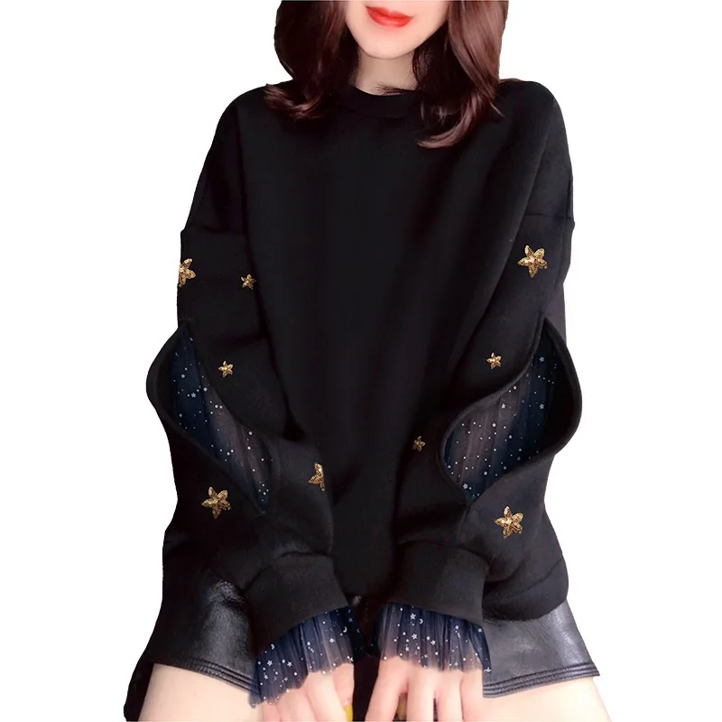

All-match Fake Two-piece Mesh Hole Black Round Neck Space Cotton Hoodies Autumn 2021 Women's New M-3XL Fashion Clothes