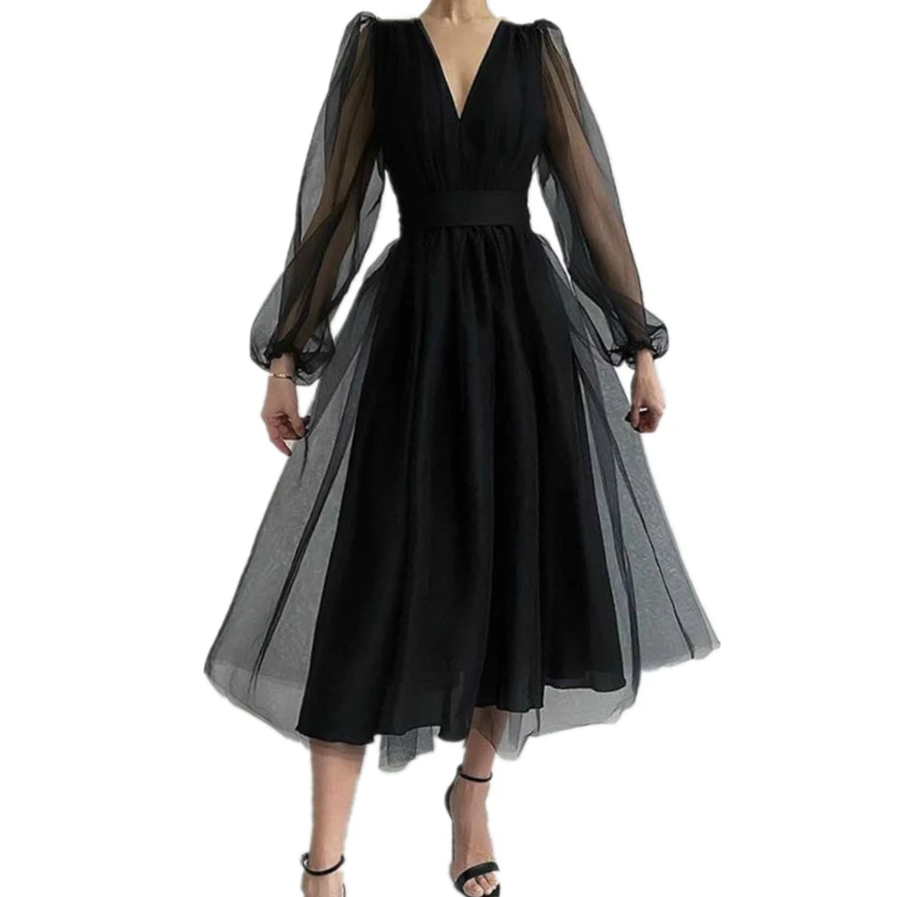 2021 для женщин Сезон весна лето Платье с длинными рукавами фонариками v образным