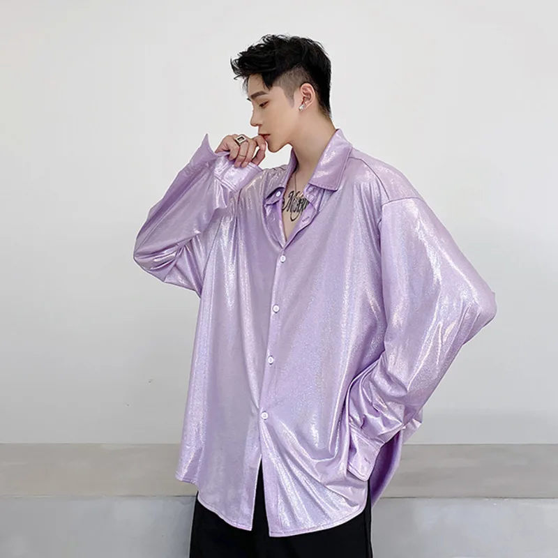 

IEFB Men's Wear Oversized Spring Long Sleeve Violet Shirts 2021 Spring New Blouse Shiny Color Tops Fashion Streetwear 9Y5423