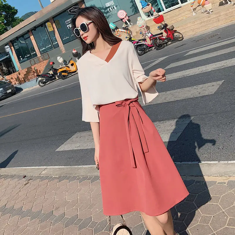 

Women 2021 Summer Fashion Two-piece Suits Female New Solid Color Chiffon T-shirt Ladies Bow Loose A-line Skirts Sets K167