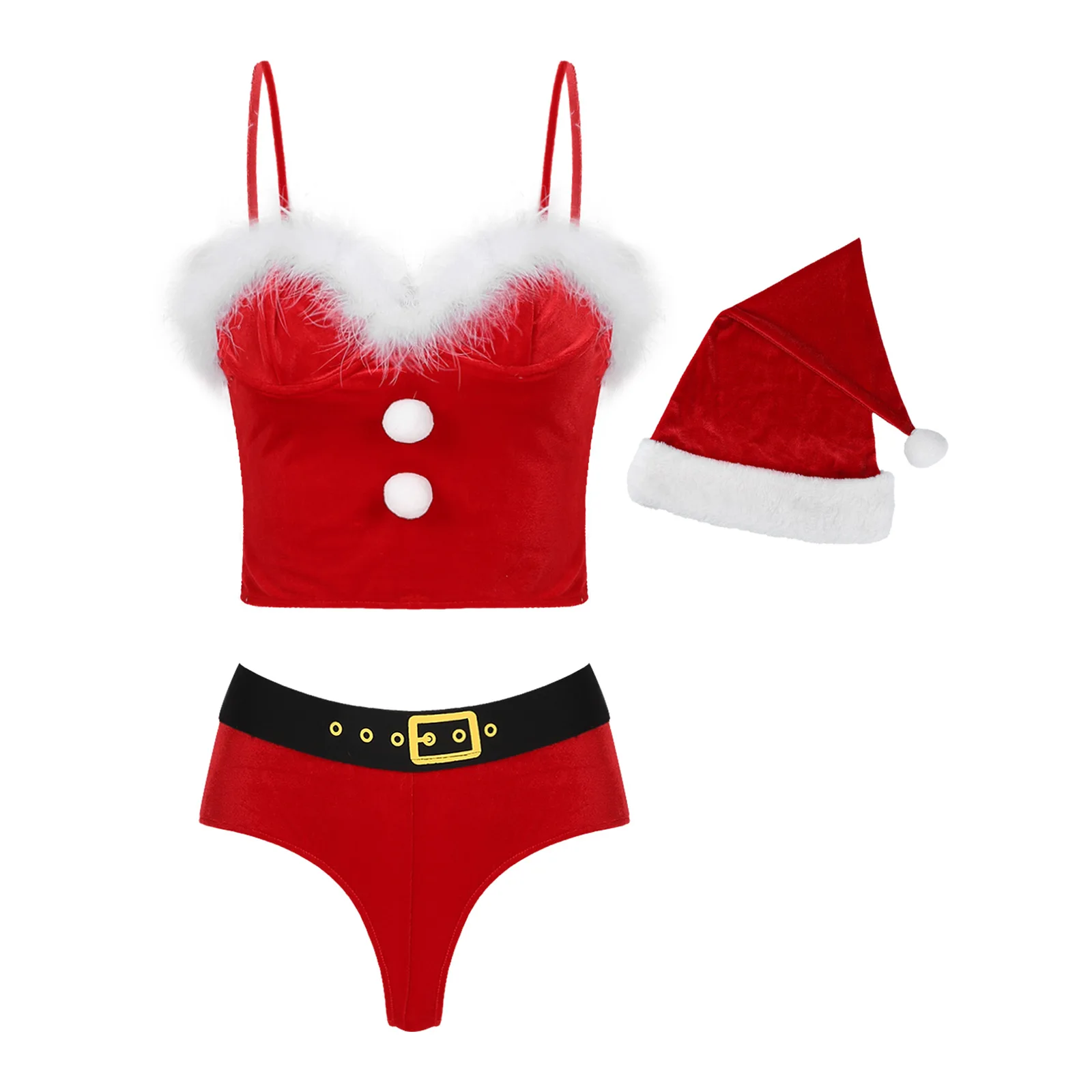 

Ladies Christmas Lingerie Set Women Cosplay Costume Adjustable Spaghetti Straps Faux Fur Pompoms Adorned Top with Briefs and Hat
