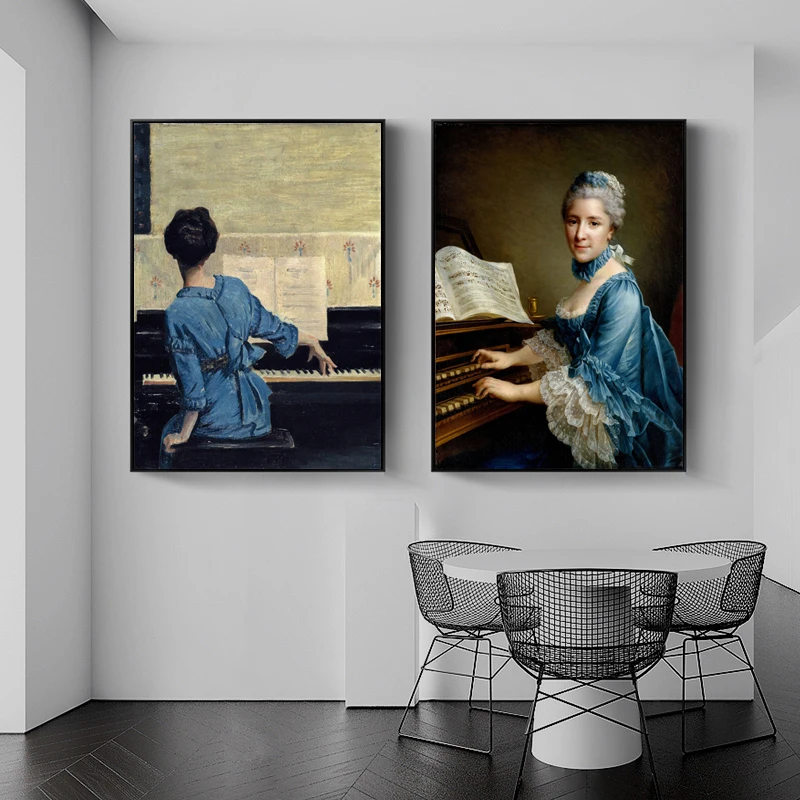 

Classical Figure Canvas Painting Play Piano girl Wall Art Nordic Picture Home Decoration Retro Poster And Print wall decor