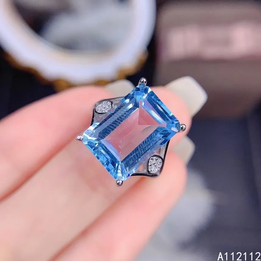 Fine Jewelry 925 Sterling Silver Inlaid With Natural Gemstone Popular Fashion Rectangle Blue Topaz Women's OL Style Ring Support