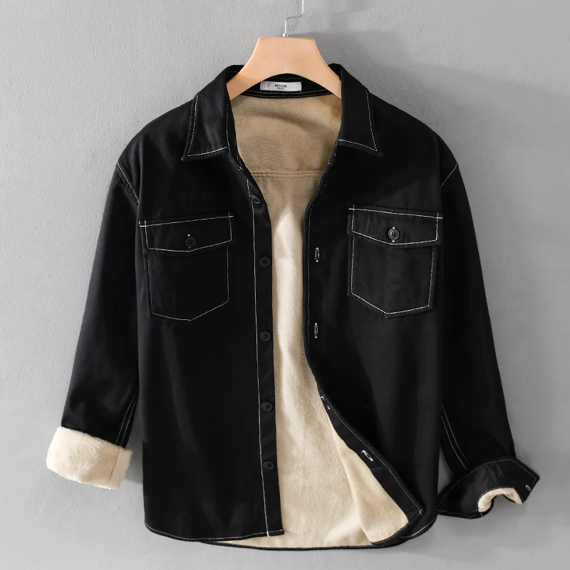 

Рубашка мужская бархатная с длинным рукавом, дизайнерская утепленная блуза с двойными карманами, брендовая однотонная теплая кофта, черный цвет