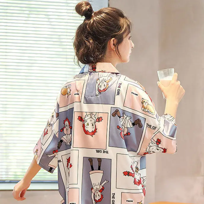 Pajamas for Women Summer Suit Ice Silk Short-sleeved Two-piece Suit Cute Cartoon Sweet Loose Home Clothes Outside Sleepwear