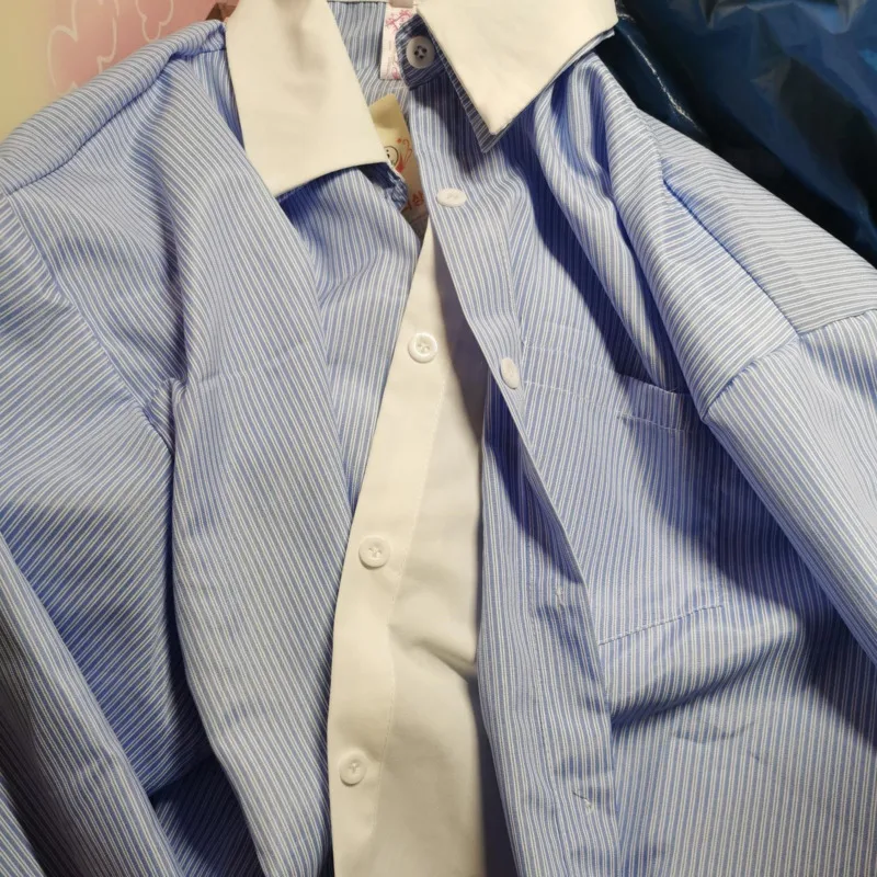 Лоскутные рубашки синяя полосатая рубашка с длинным рукавом Женская Корейская