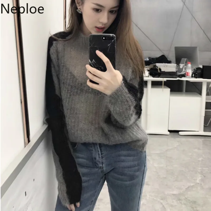 Neploe тонкий лоскутный длинный рукав Свободный корейский вязаный нижний свитер