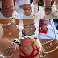 huatang boho shell crystal strand beads anklets set for women multilayers blue turkey evil eye foot chains female beach jewelry