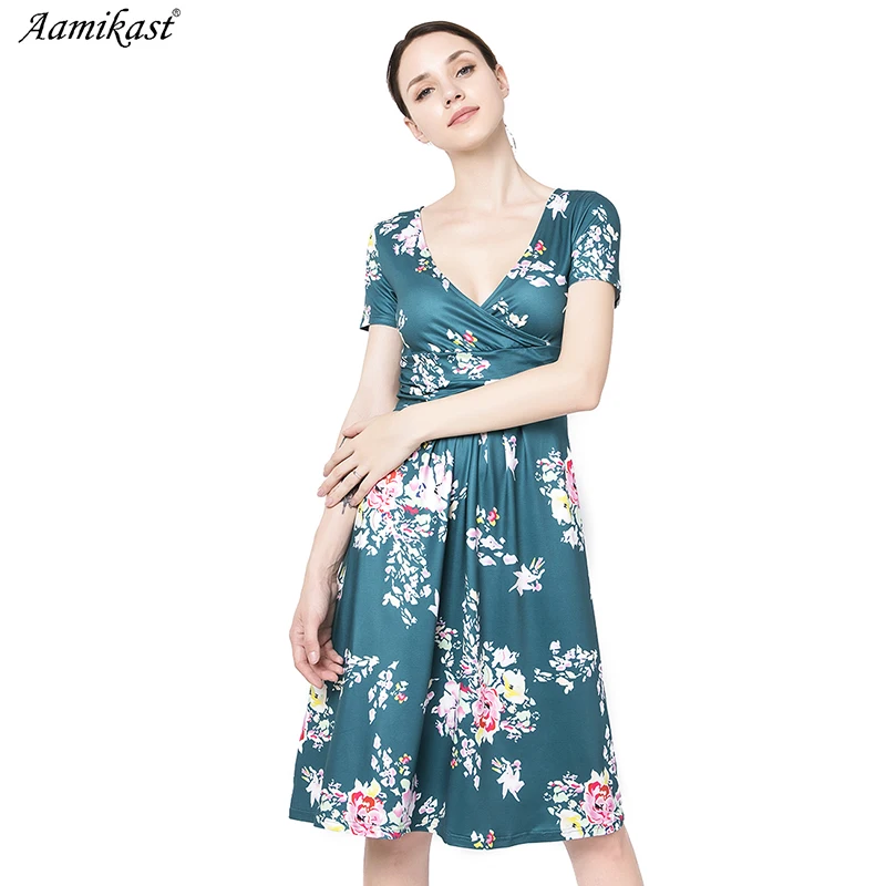 

2021 Women Dress Floral Print Sexy V-neck Boho Maxi Party Dress Short Sleeve Elegant Knee-Length Bench Vestido
