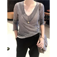 2021 spring new womens v neck long sleeve top stitching foreign style fake two piece sweater