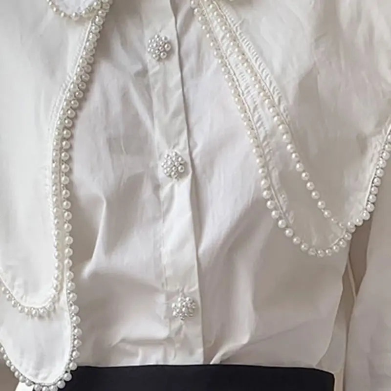 

XITAO Double Layer Peter Pan Collar Shirt New Irregular Splicing Fashion Solid Color Beading Temperament All-match Top ZY5819