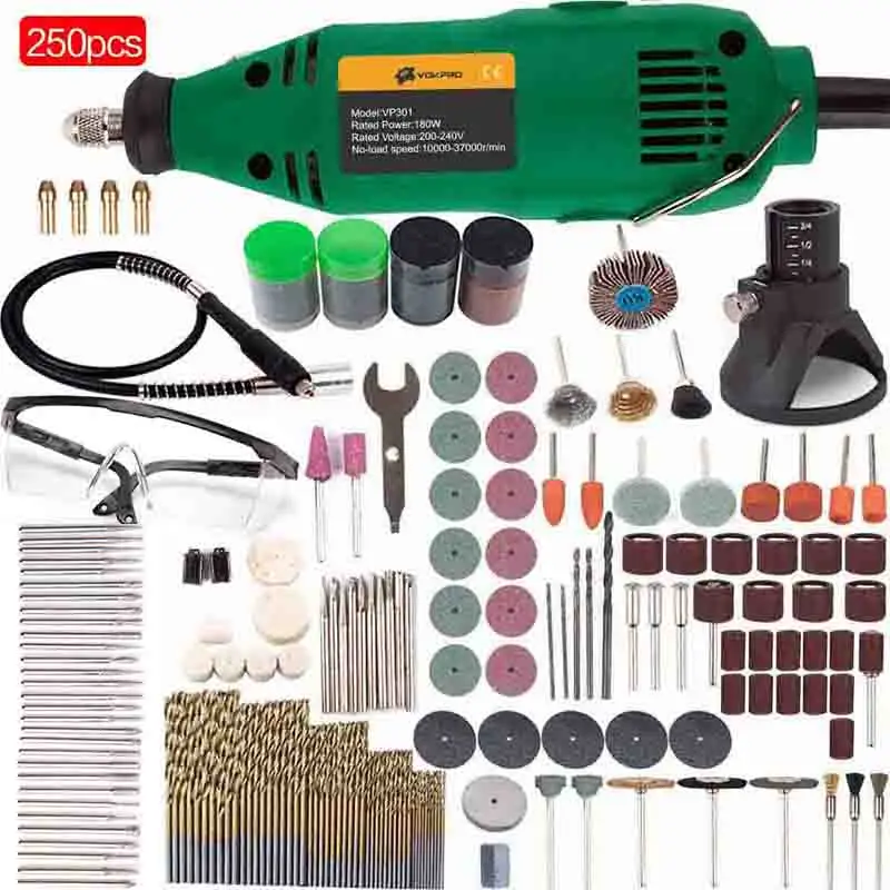250pcs 180 Вт 5 скоростей управления Мини электрическая угловая шлифовальная машина костюм с сверлом Dremel Аксессуары для резьбы машины полировки шлифовки - Цвет: 250pcs