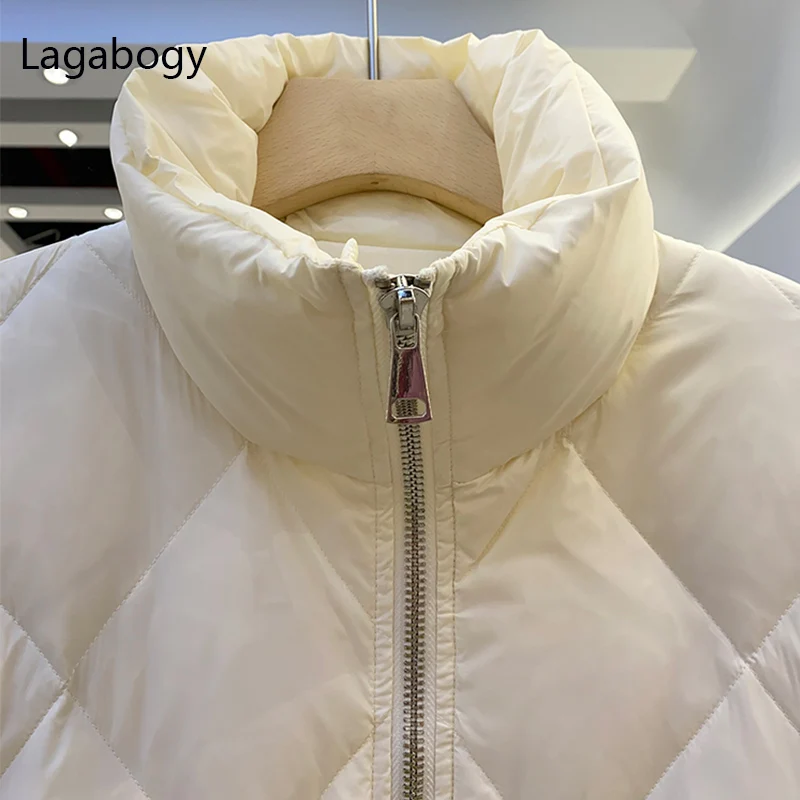 

Lagabogy 2021 Women Winter Thick Warm Short 90% White Duck Down Coat Female Casual Stand Collar Parka Long Sleeve Pocket Outwear