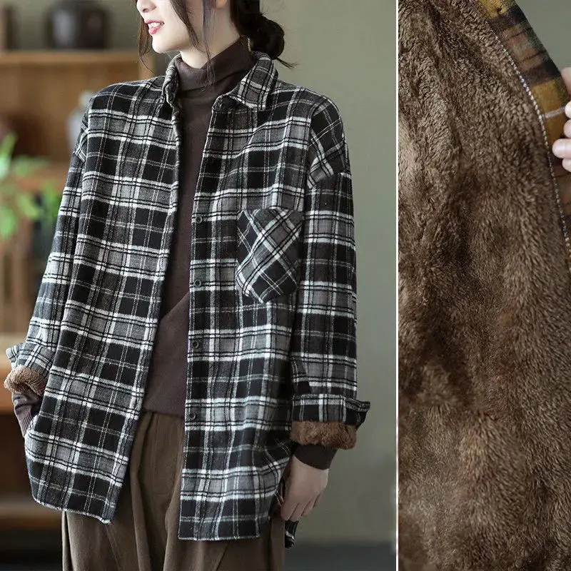 

Зимняя женская одежда, флисовая шерстяная теплая рубашка, пальто, повседневная винтажная рубашка в клетку с воротником, бархатные толстые к...