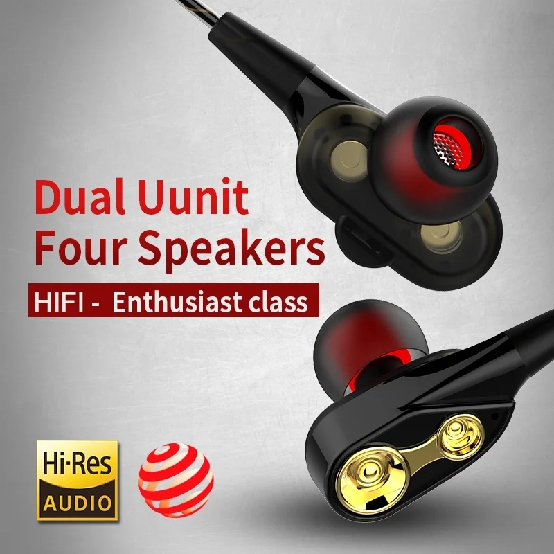 HiFi Wired Earphone Dual-Dynamic Quad-core Speaker 3.5mm In-ear earbuds with Microphone and Volume Control for Smart Phones MP3 |