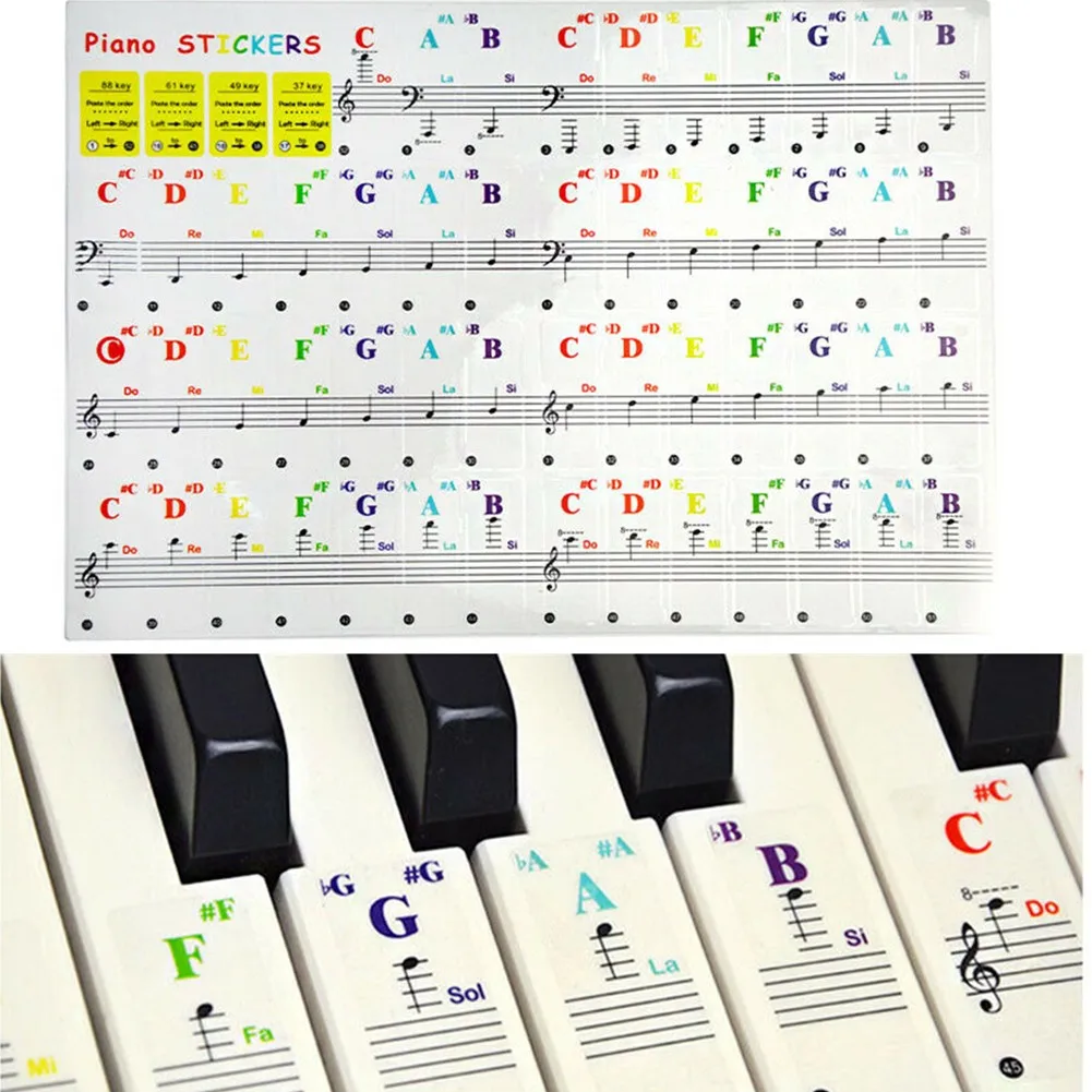 

Piano Keyboard Stickers For 37/49/61/88-KEY Colourful Music Keys KEYNOTES Labels Big Color Transparent Piano Key Sticker