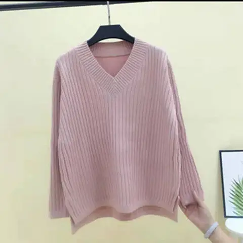 Женский свободный Трикотажный свитер с v-образным вырезом однотонный эластичный