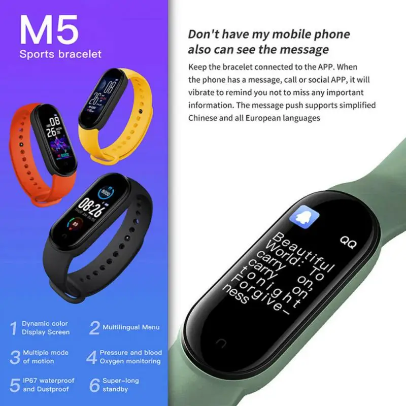 M5 Smart Band Men Women Watch Heart Rate Blood Pressure Sleep Monitor Pedometer Bluetooth-compatible Connection For IOS Android |